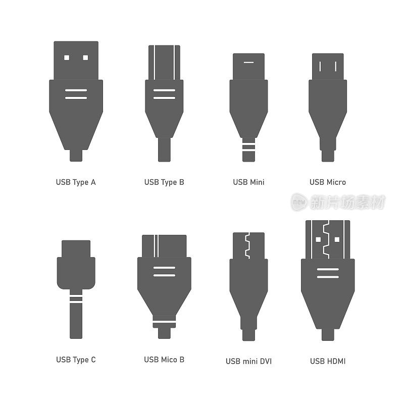 电缆连接器的剪影。USB, HDMI，以太网图标设置。Mini, micro, lightning, A, B, C型连接器。透明背景